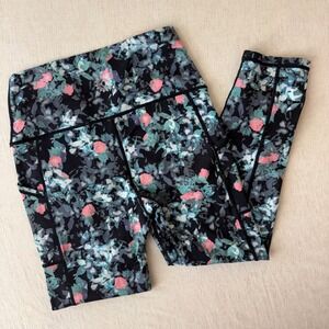 Brisas Floral Yoga Leggings Womens Small Black Pink Teal Side Pockets Cropped